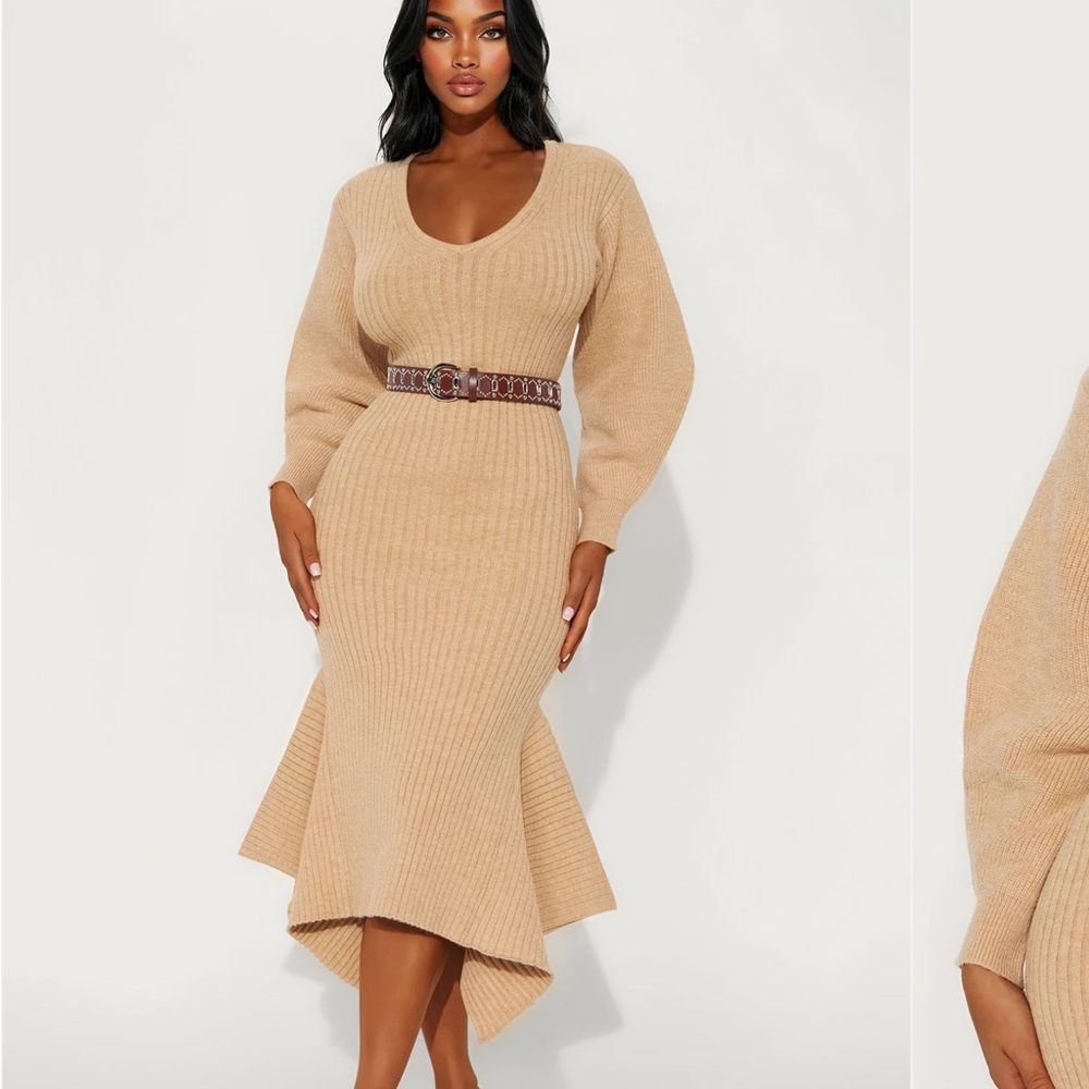 FashionNova Bria Belted Dress mocha Elegant Tan Knit Dress size XS - Picture 6 of 16